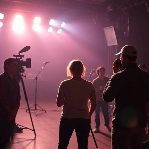 Captura de pantalla de un rodaje de video musical con iluminación dramática y equipo técnico.