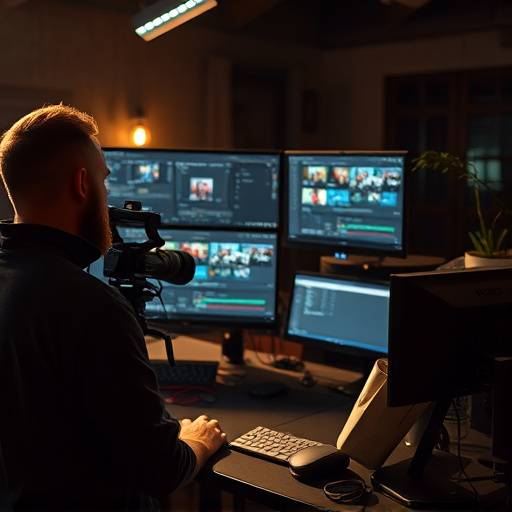 Imagen de un editor de video trabajando en una estación de edición con mültiples monitores.